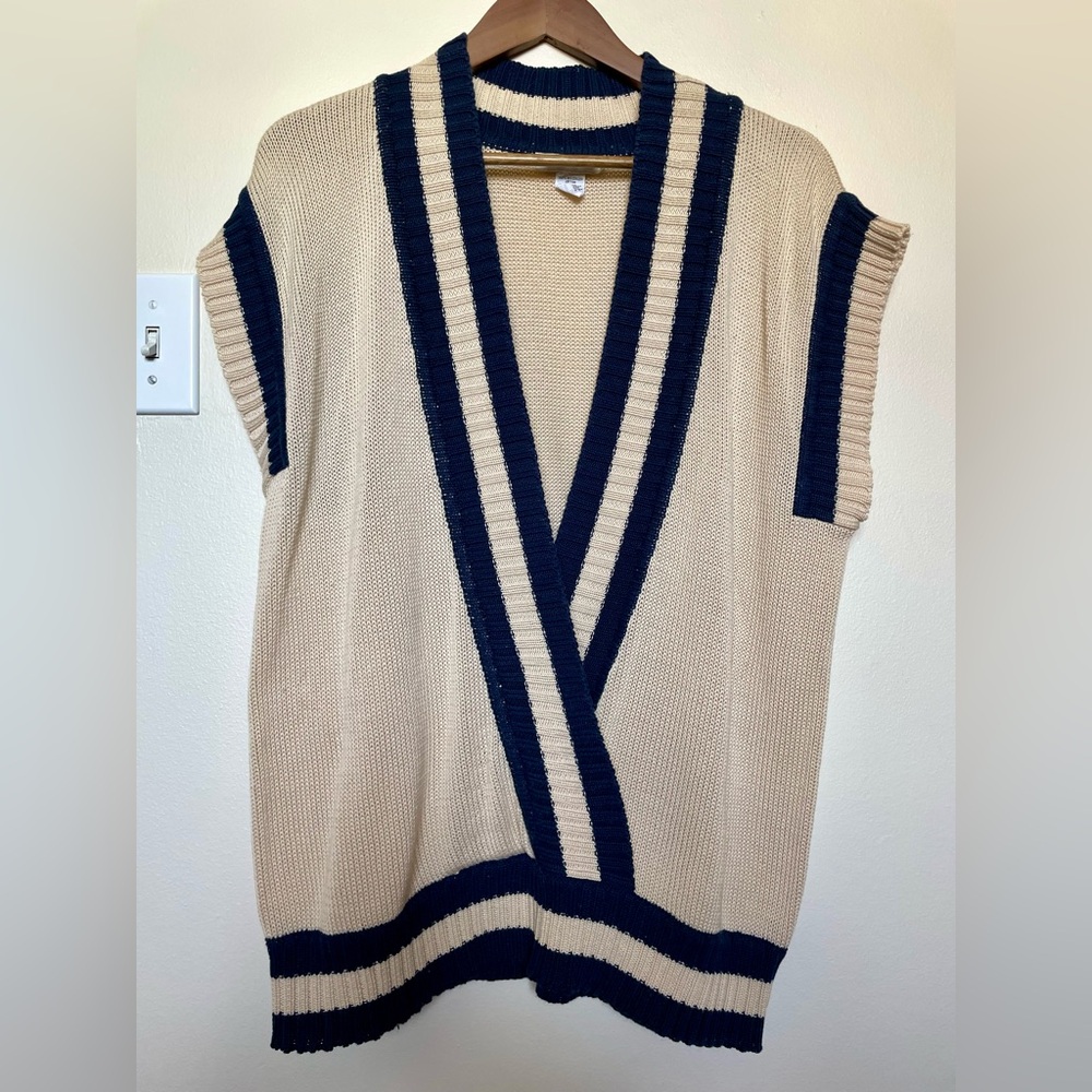 Vintage Anne Klein ll Cotton Navy and White Women's V Neck Sweater Vest
